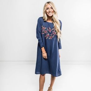 Embroidered Floral Navy Midi Dress